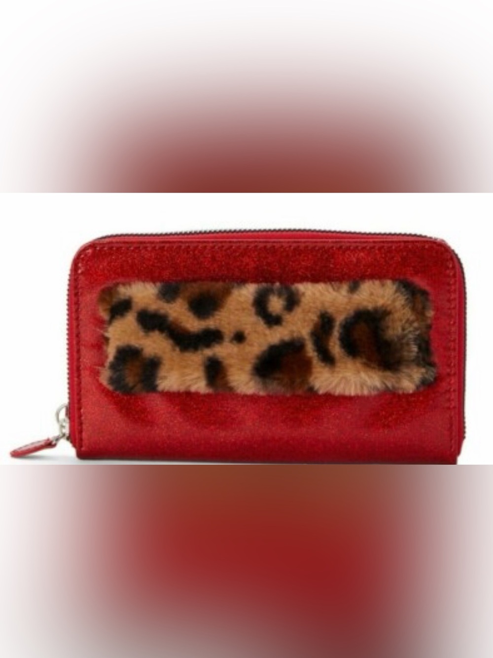 Red Zip-Around Wallet with Leopard Fur Accent